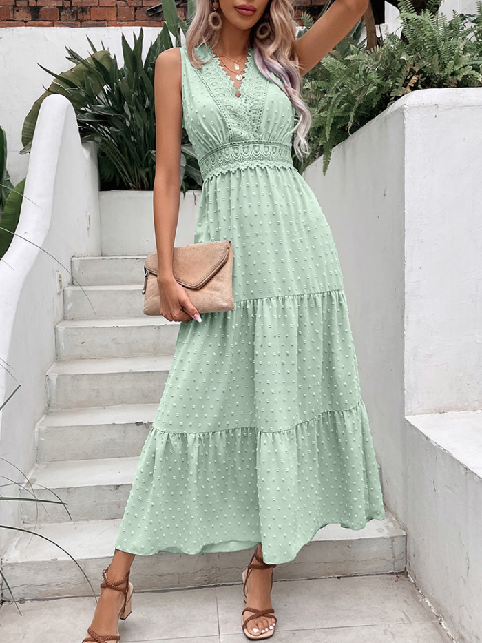 Elegant Lace Stitching Sexy Open Back Sleeveless Ruffle Fashion V Neck Maxi Dress