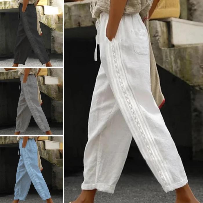 Women's Pants Elastic Waist Lace Stitching Drawstring Design Solid Color Pocket Pants