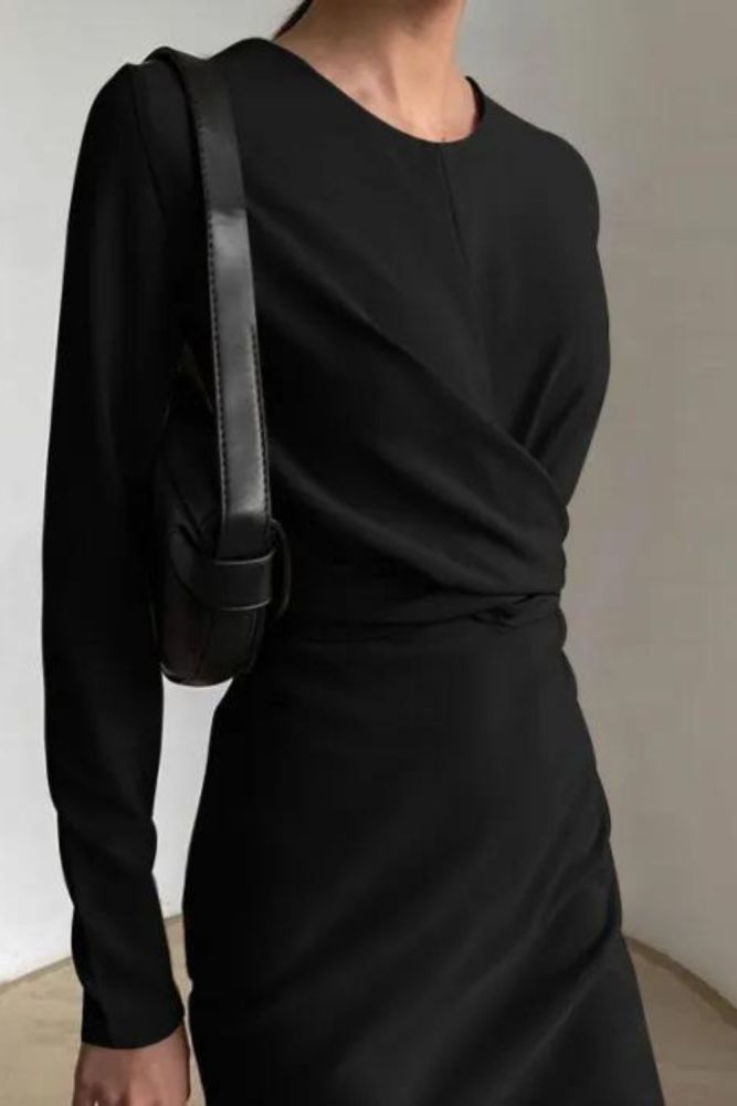 Casual Solid Color O Neck Party Elegant Long Sleeve Pleated Fashion Slit Body Maxi Dress