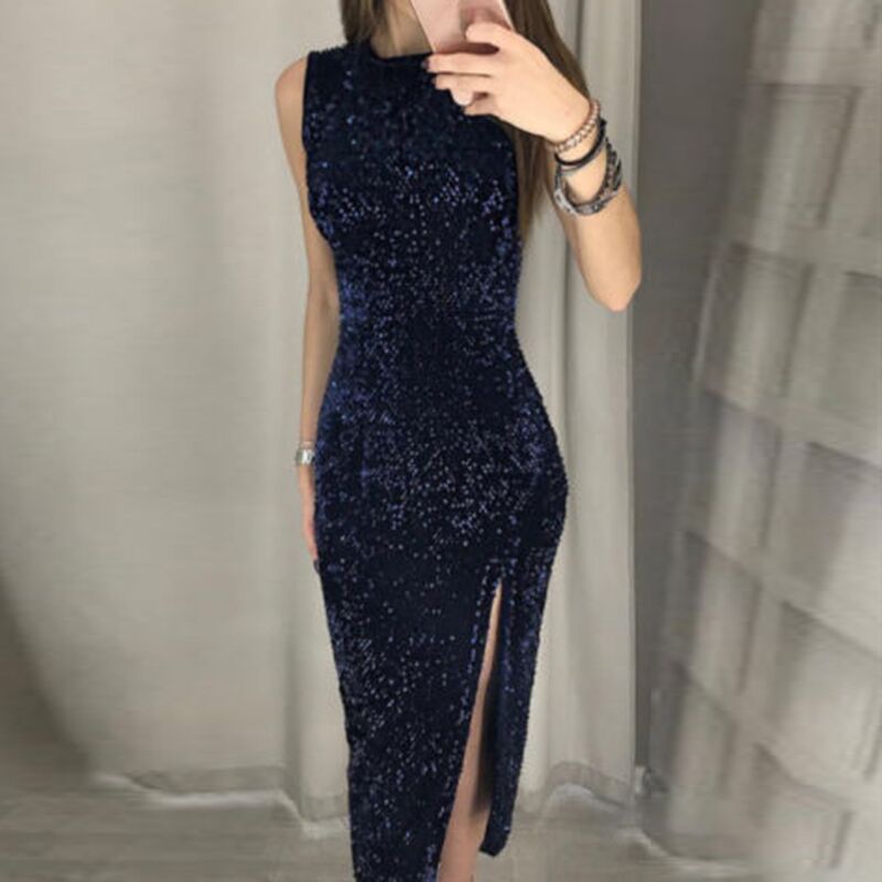 Sexy Sequin Women's Party Elegant Sleeveless Glitter Fitted Evening Dress