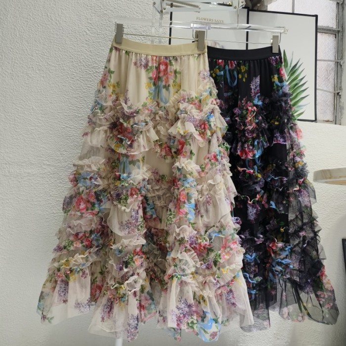 Summer Women's Fashion Sexy Elegant Floral Print Ruffles Prom Mesh Skirts