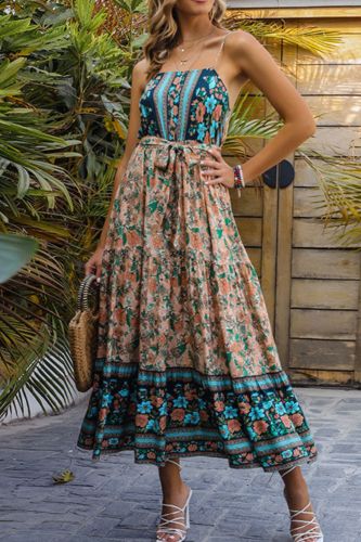 Sexy Floral Print Summer Casual Backless Ruffle Bohemian Elegant Sling Party Maxi Dress