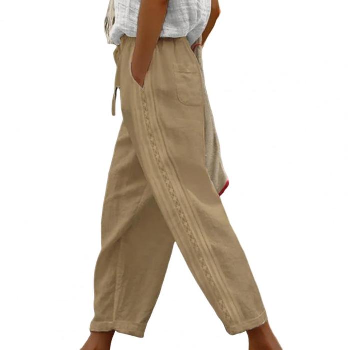 Women's Pants Elastic Waist Lace Stitching Drawstring Design Solid Color Pocket Pants