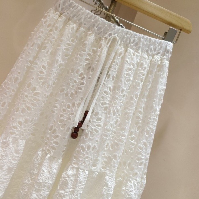 Chic Hollowed Out Embroidery Cotton High Waist Large Swing Beach Boho Skirt
