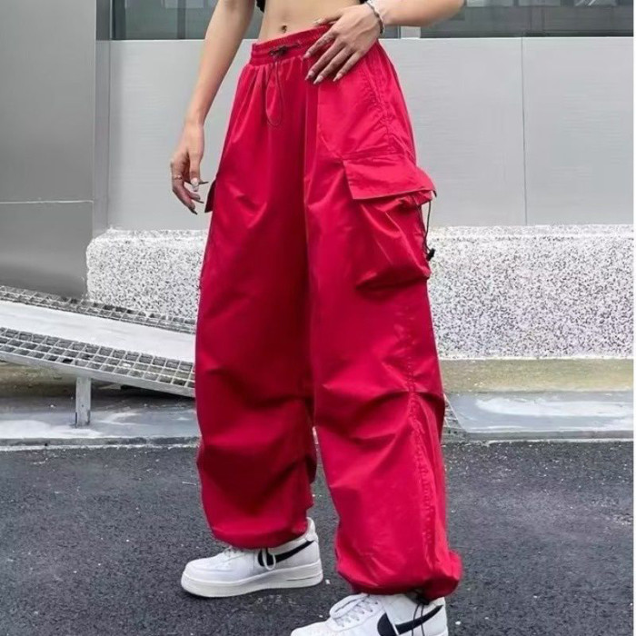 Women's Casual Solid Color Street Drawstring Loose Wide Leg Straight Leg Cargo Pants