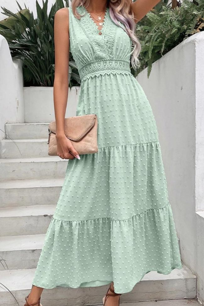 Elegant Lace Stitching Sexy Open Back Sleeveless Ruffle Fashion V Neck Maxi Dress