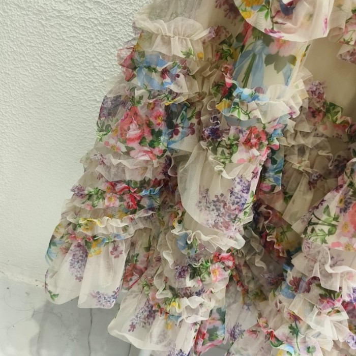 Summer Women's Fashion Sexy Elegant Floral Print Ruffles Prom Mesh Skirts