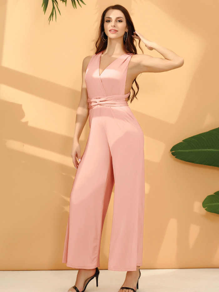 Women Chic Elegant Sexy Solid  Wide-leg Pants One Pieces Long Jumpsuits