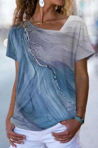 Women's Summer Loose Fashion Printed Fashion V Neck Short Sleeve Tops  Blouses