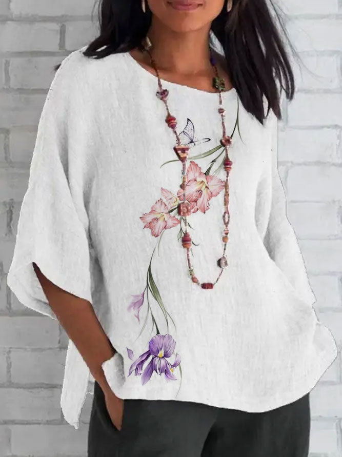 Women's Fashion Printed Round Neck Short Sleeve Loose Blouses