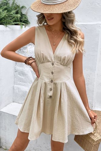 Women's Fashion V Neck Button High Waist Sleeveless Mini Casual Dress
