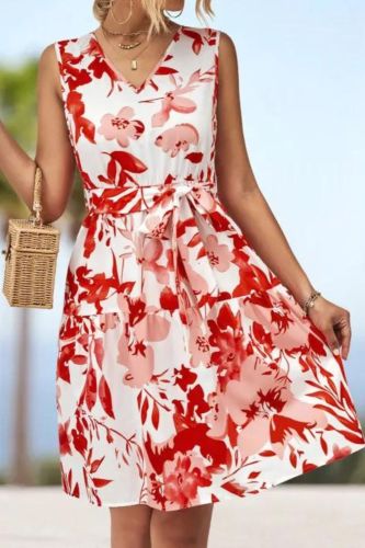 Women's Summer Casual Sleeveless Floral Print Tunic Cotton Mini Dress
