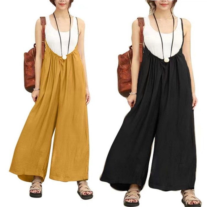 Women's Cotton Linen Casual Suspender Wide Leg Jumpsuits