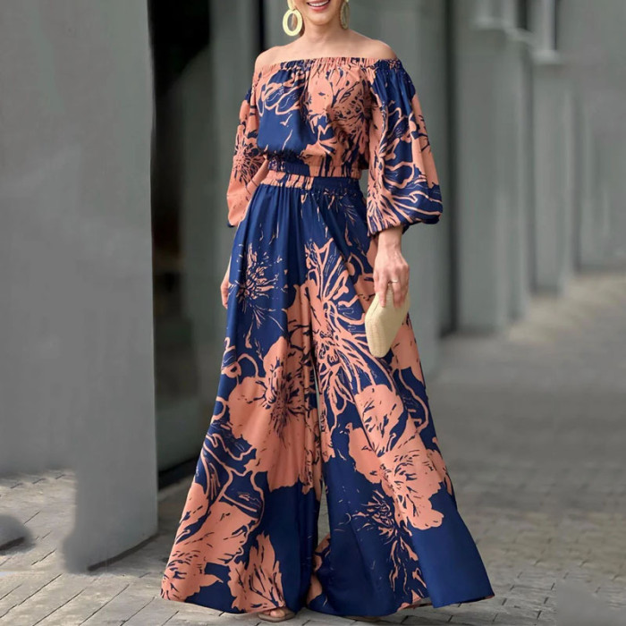 Fashion Summer Casual Printed Off-Shoulder Wide-Leg Pants Two Pieces