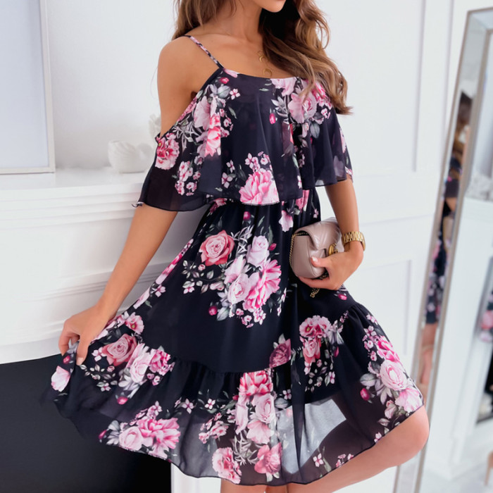 Sexy Floral Print Off Shoulder Elegant A-Line Beach Boho Casual Dress