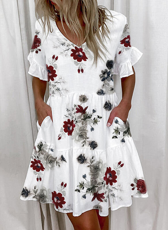 Women's Ruffle Floral Print Loose V Neck Casual Elegant Mini Dress