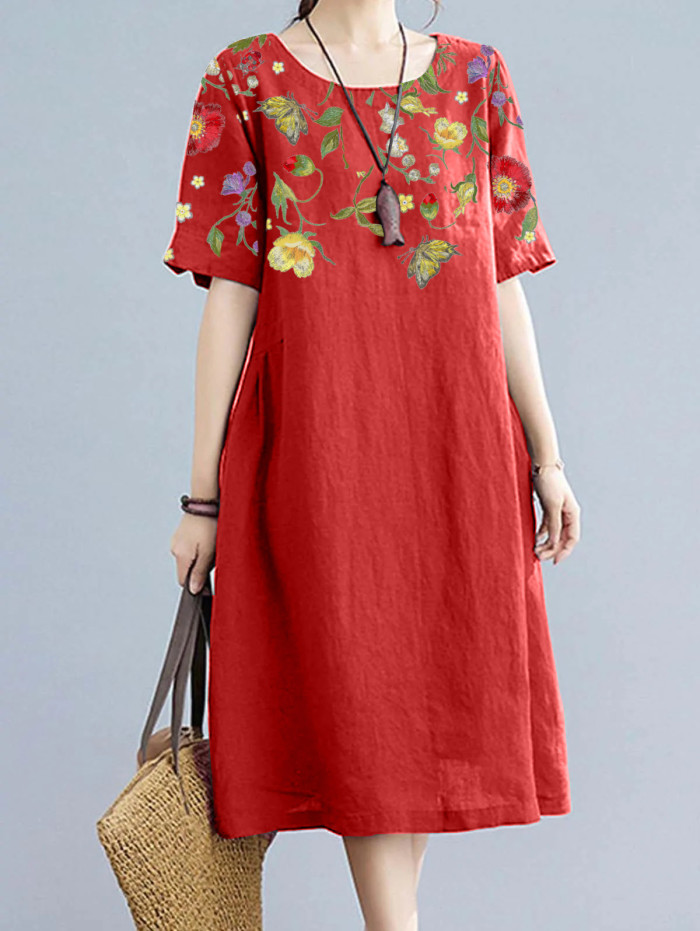 Women's Floral Print Fashion Short Sleeve Elegant Casual Loose Midi Dress