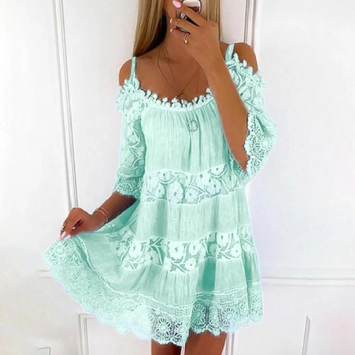 Summer Lace Embroidery Elegant Off Shoulder Casual Solid Color Loose Party Mini Dress