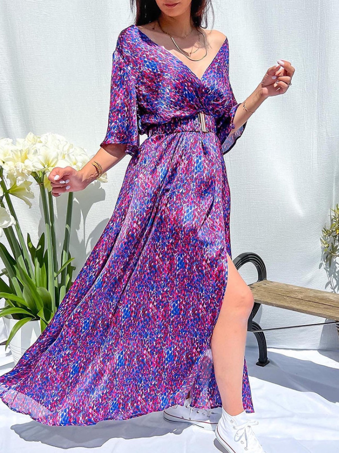 Trendy V Neck Short Sleeve Boho Casual A-Line Print Maxi Dress