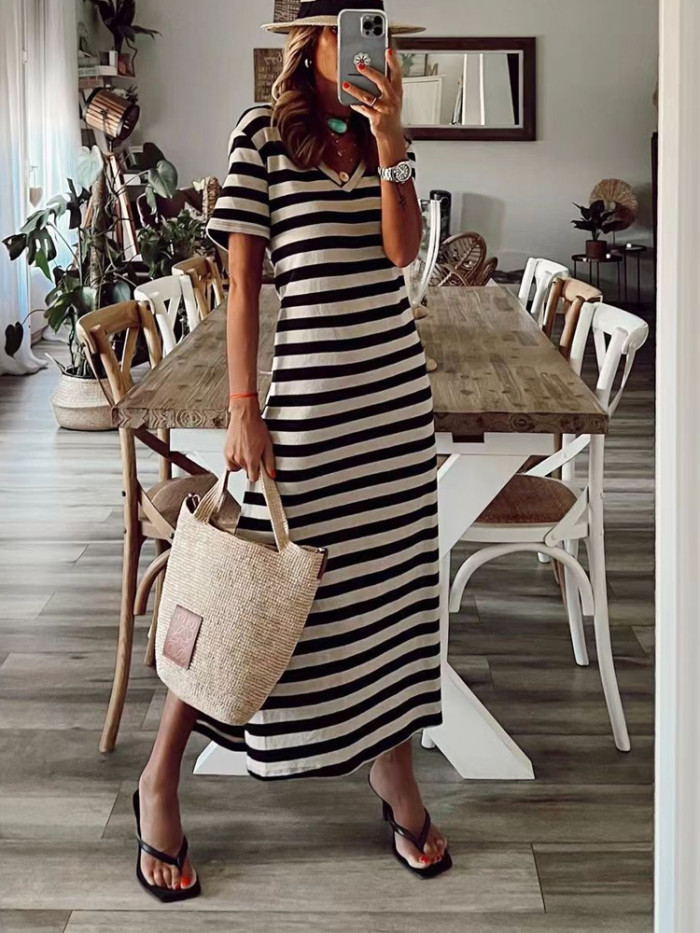 Ladies Casual Stripe Print Elegant V Neck Office Slit Party Maxi Dress