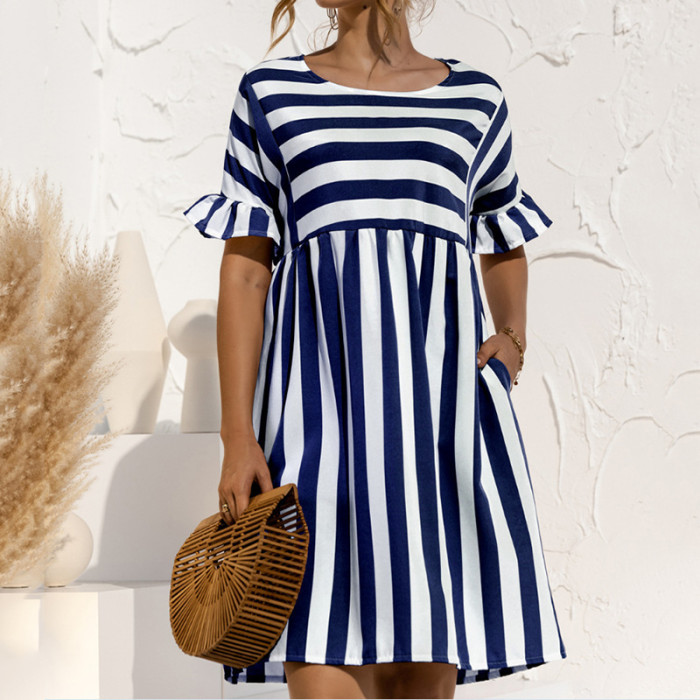 Women's Striped Print Party Ruffle Sleeves High Waist Elegant Casual Beach Dress