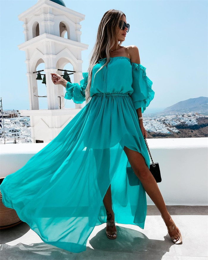 Women's Fashion Bohemian Strapless Strap Solid Color Ruffle  Maxi Dress