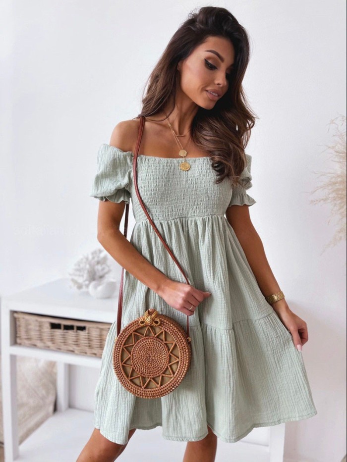 Women's Sexy Summer Beach Off Shoulder Solid Color Casual Loose Pleated A-Line Mini Dress