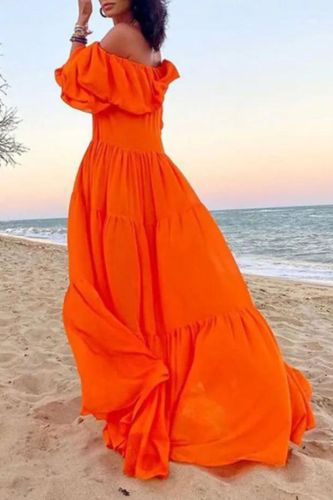 Fashion Puff Sleeve Pleated Solid Color Elegant Off Shoulder Beach Party Maxi Dress