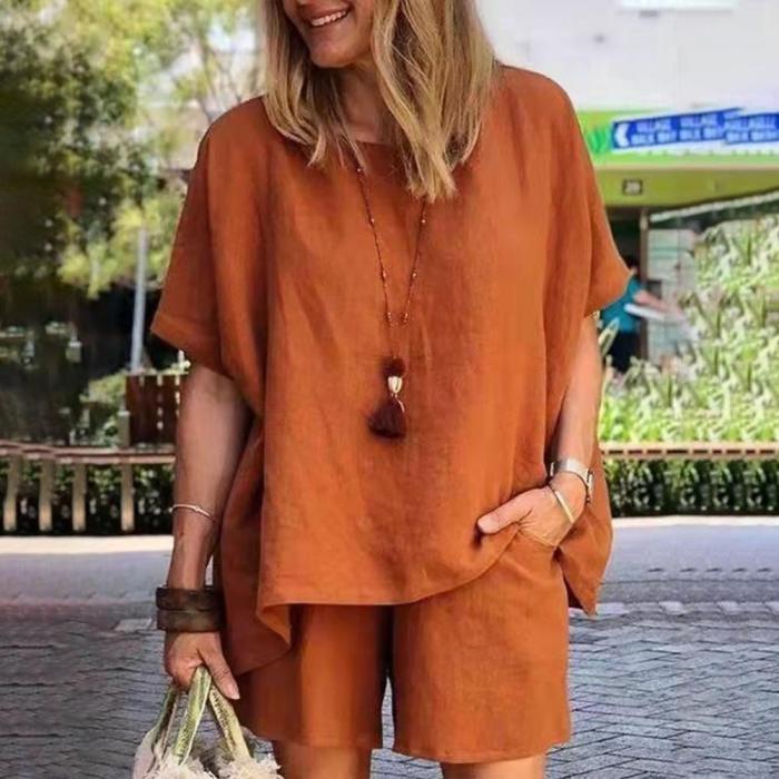 Women's Fashion Casual Cotton Linen Loose Comfortable Short Sleeves Two Pieces