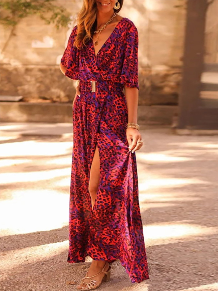 Trendy V Neck Short Sleeve Boho Casual A-Line Print Maxi Dress