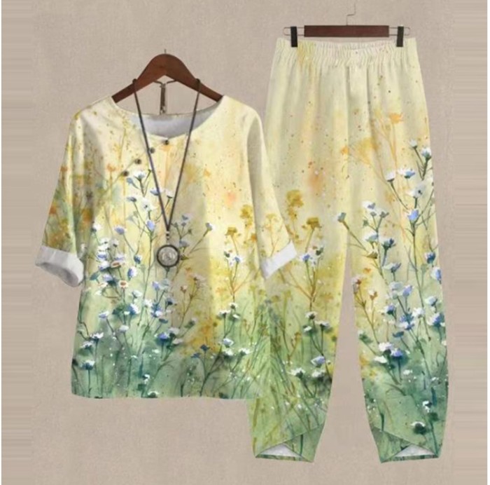 Summer Casual Elegant O-Neck Flower Print Loose High Waist Loose Two Pieces Suit