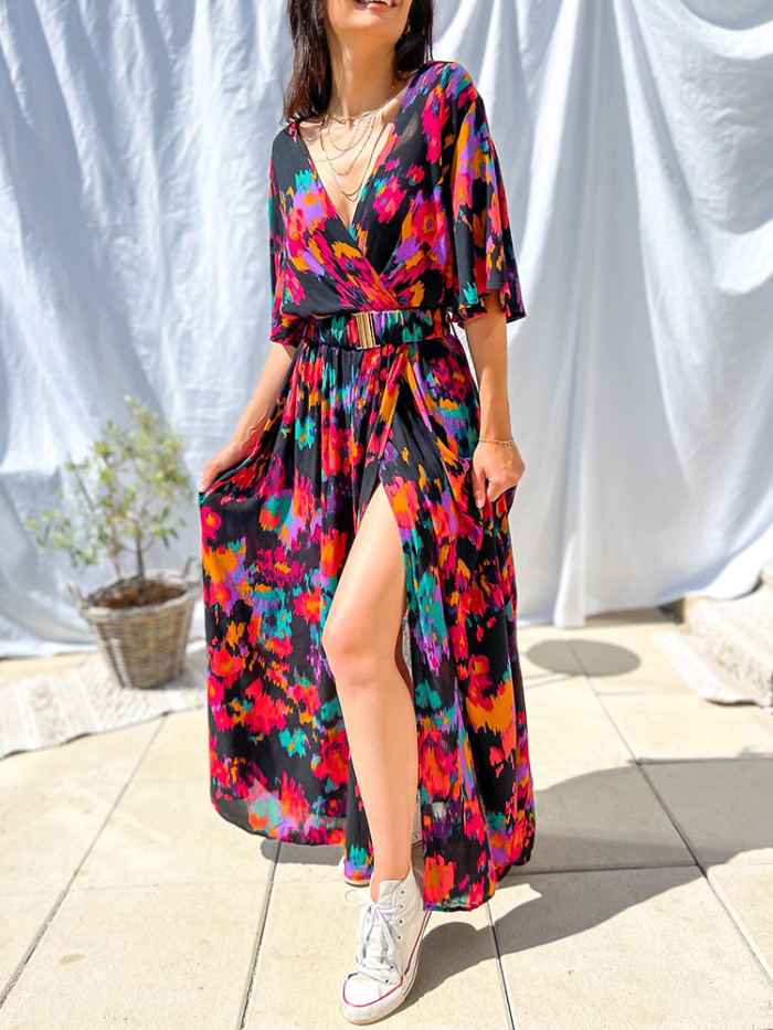 Trendy V Neck Short Sleeve Boho Casual A-Line Print Maxi Dress