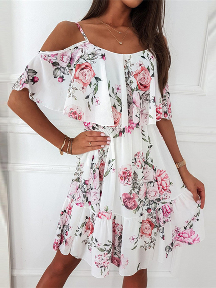 Sexy Floral Print Off Shoulder Elegant A-Line Beach Boho Casual Dress