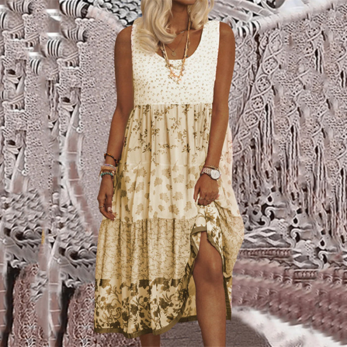 Vintage Floral Print Panel Party Casual O Neck Ruffle Sleeveless A Line Beach Dress