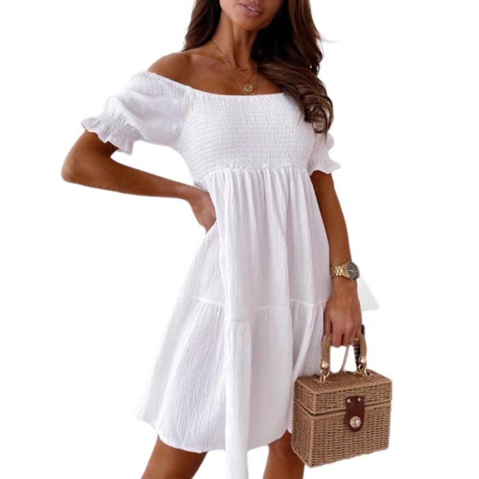 Women's Sexy Summer Beach Off Shoulder Solid Color Casual Loose Pleated A-Line Mini Dress