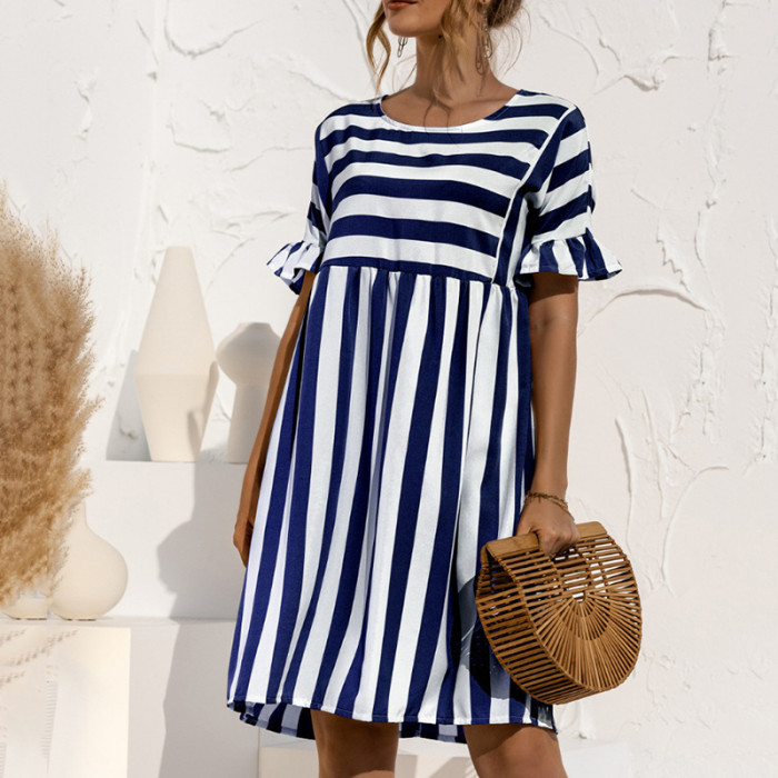 Women's Striped Print Party Ruffle Sleeves High Waist Elegant Casual Beach Dress