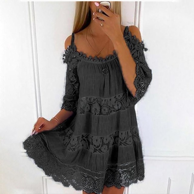 Summer Lace Embroidery Elegant Off Shoulder Casual Solid Color Loose Party Mini Dress