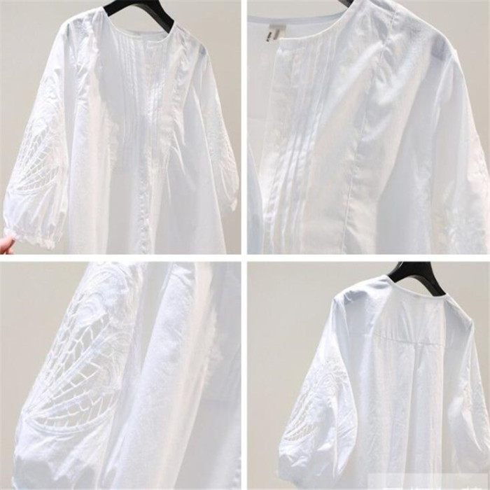 Women's 100% Cotton Embroidered Hollow Top O-Neck Loose Casual Button Down Blouses