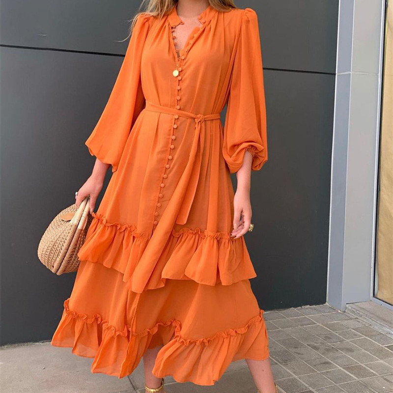 Fashion Solid Color Elegant Party Ruffle V-Neck Ruffle Hem Balloon Sleeve Casual  Maxi Dress