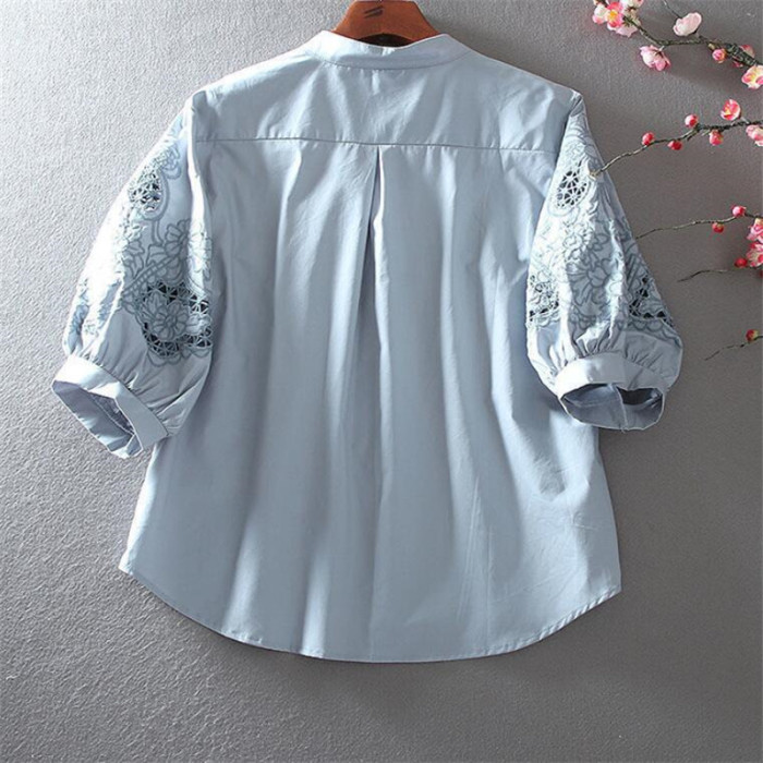 Women's Fashion Cotton Embroidered Half Sleeve Hollow Stand Collar Blouses