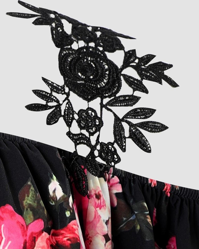 Women's Fashion Casual Floral Print Lace Patch Off-Shoulder Top Blouses