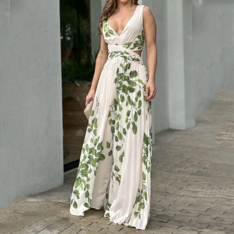 Women's Fashion Sleeveless V Neck Cutout Loose Printed Casual Wide Leg Jumpsuit