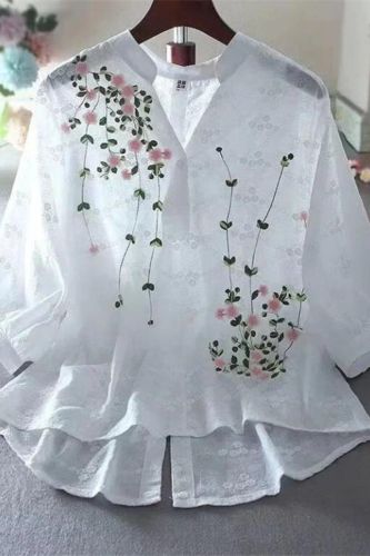 Cotton Shirt Women Embroidered Flowers V Neck Half Sleeve Lace  Blouses Top