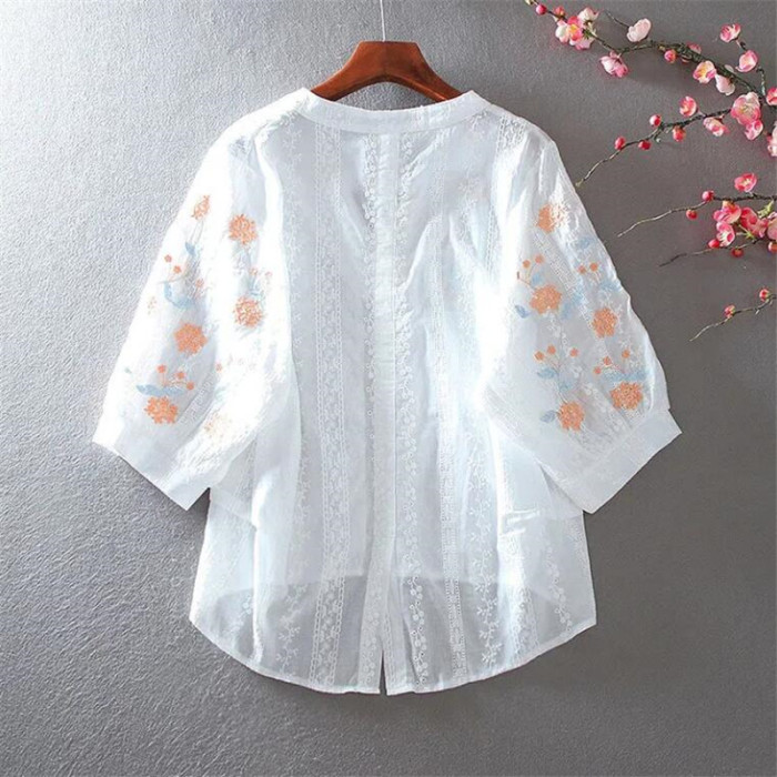 Embroidered Floral Cotton Top Loose Cutout Vintage Blouse