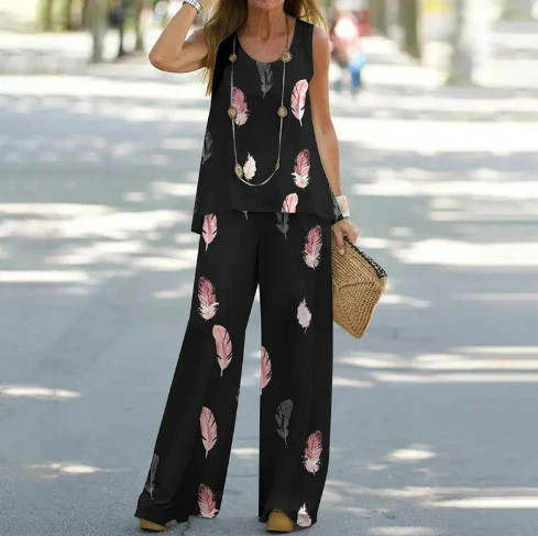 Summer Office Elegant Printed Cotton Casual O-Neck Top + Wide Leg Pants  Two Pieces