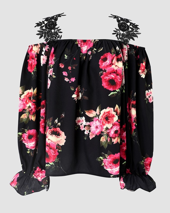 Women's Fashion Casual Floral Print Lace Patch Off-Shoulder Top Blouses