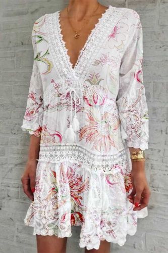 Summer Lace Embroidery Elegant V Neck Casual Print Loose Party Mini Dress