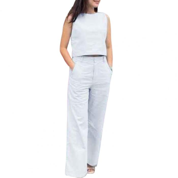 Women Sleeveless Crop Tops High Waist Pockets Wide Leg Long Pants Two Pieces