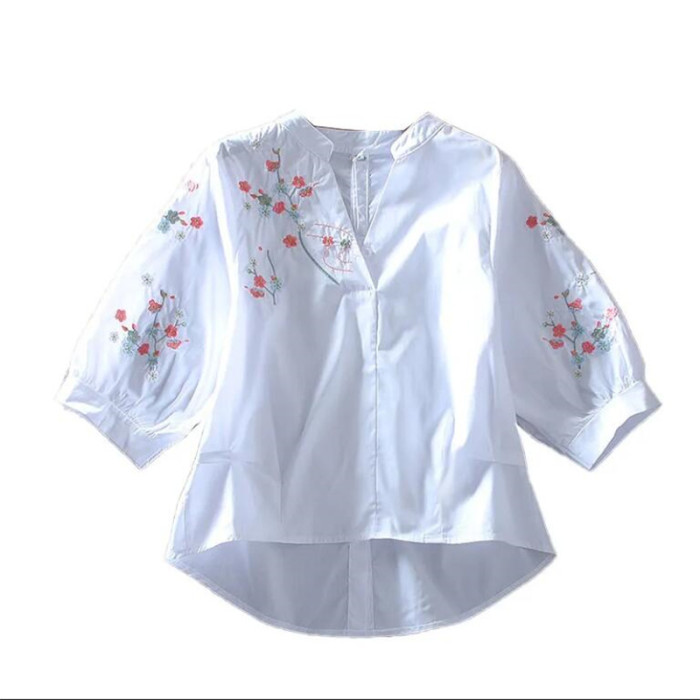Women's Vintage Embroidered V-neck Balloon Sleeve Fashion Cotton Blouses Top