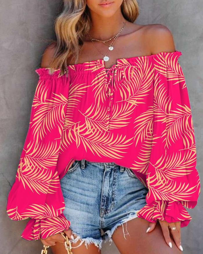 Women's Fashion Casual Floral Print Lace Patch Off-Shoulder Top Blouses